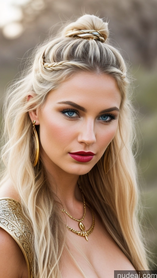 ai nude image of a close up of a woman with a braid in her hair pics of Model Small Tits Beautiful Lipstick Sexy Face Pouting Lips Blonde Scandinavian Oasis Cleavage Jewelry Gold Jewelry Bright Lighting Medieval Front View Painting Traditional Tribal Detailed Viking