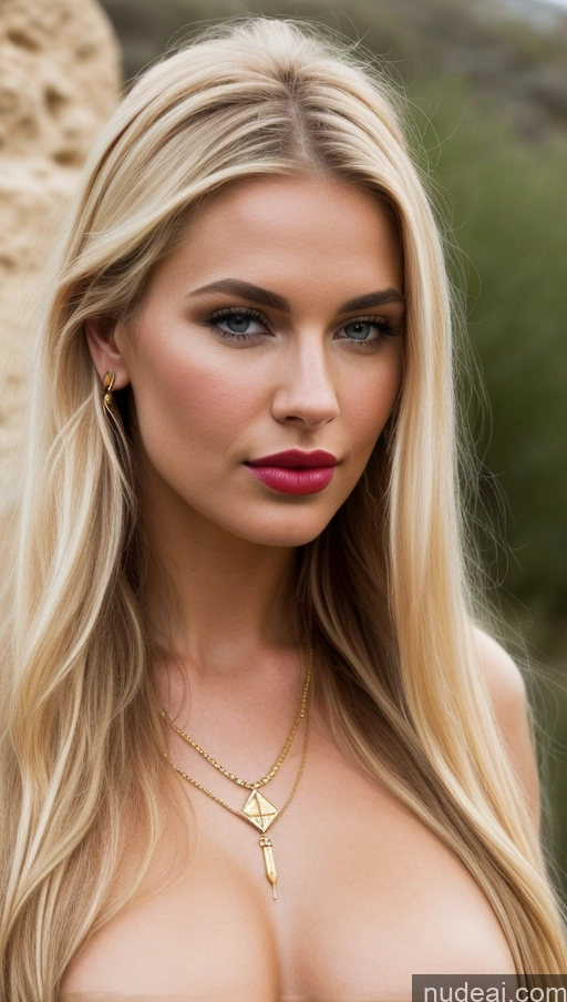 ai nude image of arafed woman with long blond hair and a necklace with a bird on it pics of Model Small Tits Beautiful Lipstick Sexy Face Pouting Lips Blonde Scandinavian Oasis Cleavage Jewelry Gold Jewelry Bright Lighting Medieval Front View Painting Traditional Tribal Detailed Viking