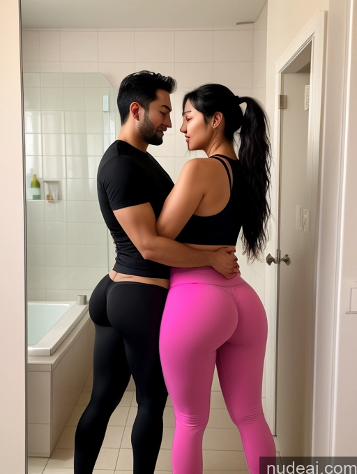 ai nude image of they are in a bathroom together and one is hugging the other pics of Big Ass Pubic Hair 30s Black Hair Ponytail One Chubby Korean Long Legs Bathroom Woman + Man Yoga Pants Bending Over