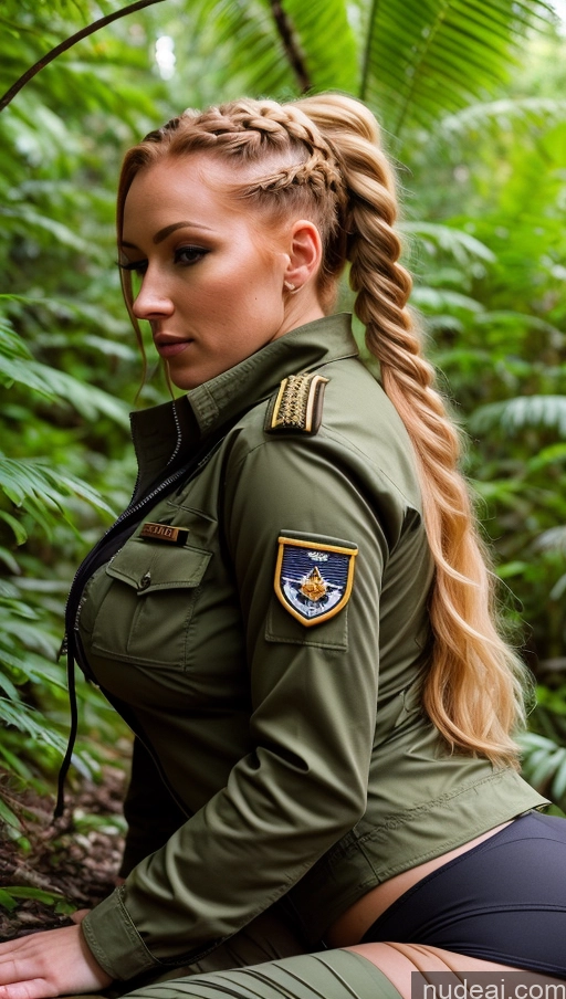 ai nude image of arafed woman in military uniform sitting on a log in the woods pics of Beautiful Big Ass 20s Blonde Braided Irish Skin Detail (beta) Military Cosplay Detailed Side View Busty Jungle Woman Jacket Yoga Pants On Back