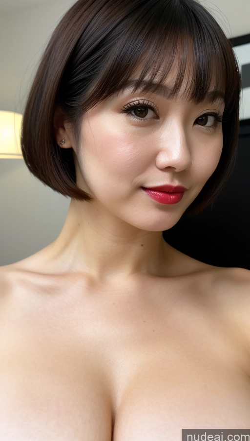 ai nude image of arafed asian woman with a very big breast posing for a picture pics of Woman One Huge Boobs Beautiful Lipstick Fairer Skin 30s Black Hair Japanese Close-up View Detailed Simple Bobcut Dress