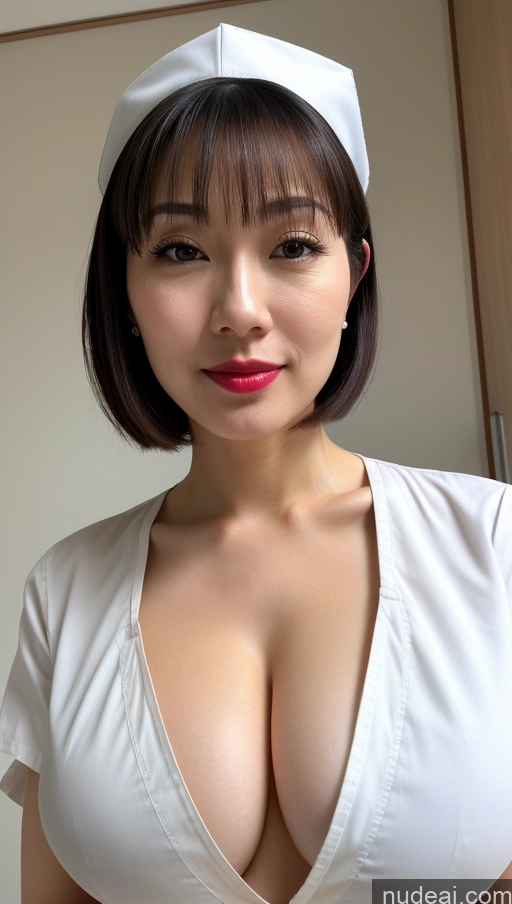 ai nude image of arafed asian nurse in white uniform posing for a picture pics of Woman One Huge Boobs Beautiful Lipstick Fairer Skin 30s Black Hair Japanese Close-up View Detailed Simple Bobcut Nurse