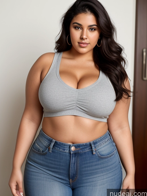 ai nude image of a close up of a woman in a gray top and jeans pics of Woman Busty Perfect Boobs Beautiful Big Ass Thick Chubby Fat Big Hips Perfect Body Tanned Skin 18 Black Hair Hair Bun Arabic Crop Top Jeans Tank Top