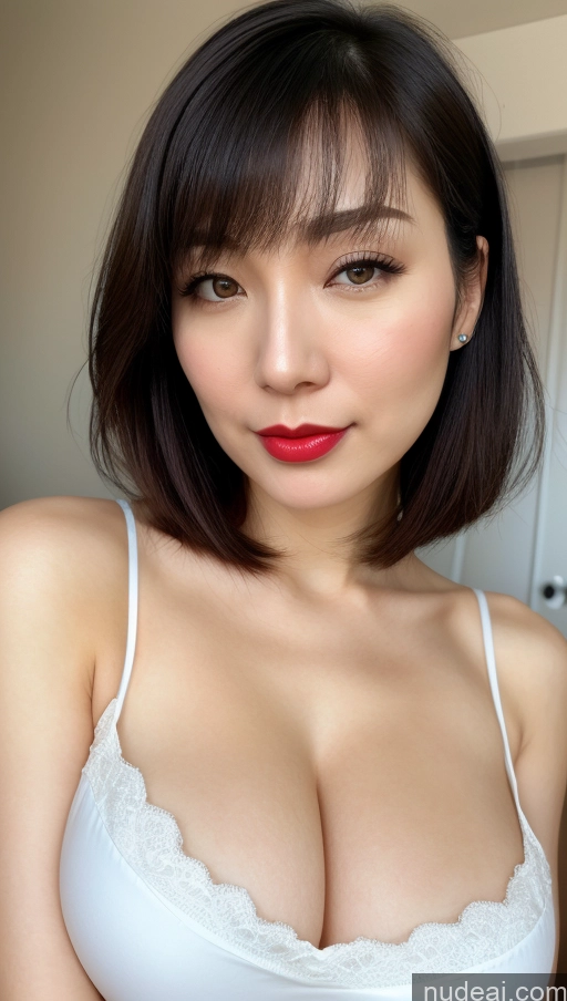 ai nude image of arafed asian woman with a red lip and a white bra pics of Woman One Huge Boobs Beautiful Lipstick Fairer Skin 30s Black Hair Close-up View Detailed Simple Bobcut Japanese Sundress