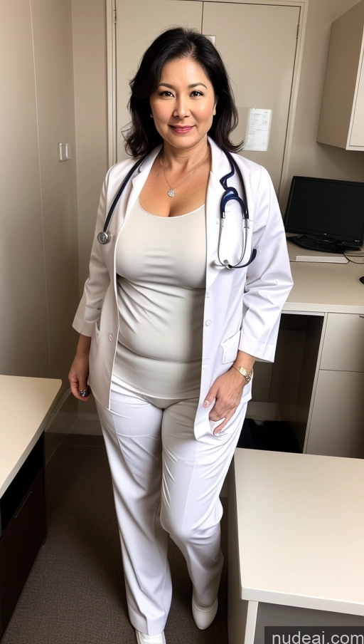 ai nude image of arafed woman in white lab coat and white pants standing in office pics of One Busty Perfect Boobs Beautiful Big Ass Big Hips Pubic Hair Fairer Skin Asian Black Hair 60s Doctor Milf