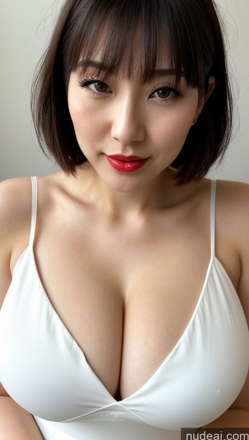 ai nude image of arafed woman with a white bra top and red lipstick pics of Woman One Huge Boobs Beautiful Lipstick Fairer Skin 30s Black Hair Bobcut Japanese Close-up View Detailed Simple Sundress