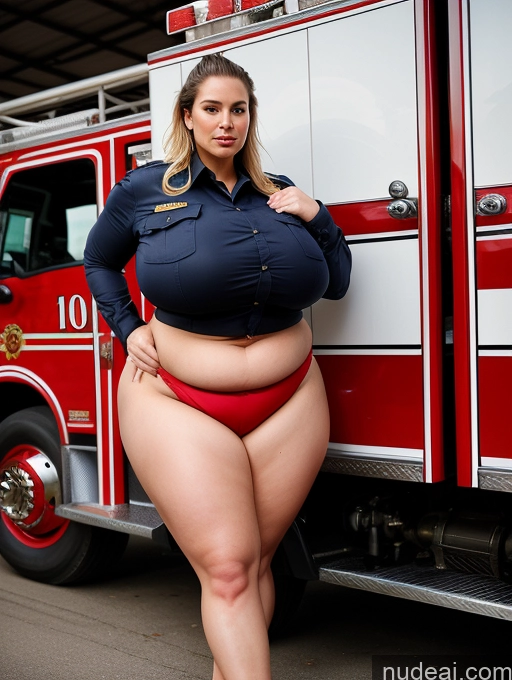 ai nude image of araffe woman in a red bikini standing in front of a fire truck pics of Woman Busty Perfect Boobs Huge Boobs Beautiful Tattoos Big Ass Thick Chubby Big Hips Long Legs Perfect Body Fairer Skin Oiled Body 30s White Front View Firefighter