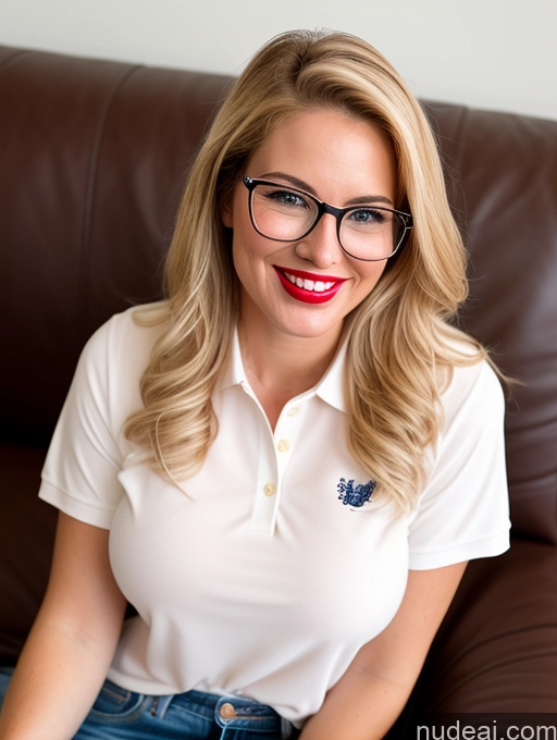 ai nude image of blond woman with glasses sitting on a brown leather couch pics of Woman Busty Beautiful Glasses Lipstick 20s Happy Laughing Blonde Slicked British Couch Jeans Shirt Polo