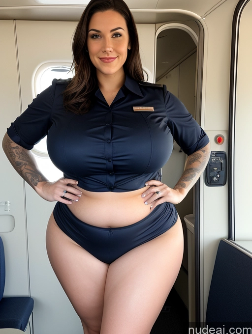 ai nude image of arafed woman in a blue uniform posing for a picture pics of Woman Busty Perfect Boobs Huge Boobs Beautiful Tattoos Big Ass Thick Chubby Big Hips Long Legs Perfect Body Fairer Skin Oiled Body 30s White Front View Flight Attendant