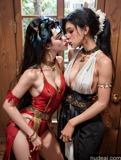 ai nude image of two women in costumes are kissing each other in a room pics of Model Beautiful Skinny 18 Black Hair Long Hair Japanese Kisses Two Dance Dress: Latin