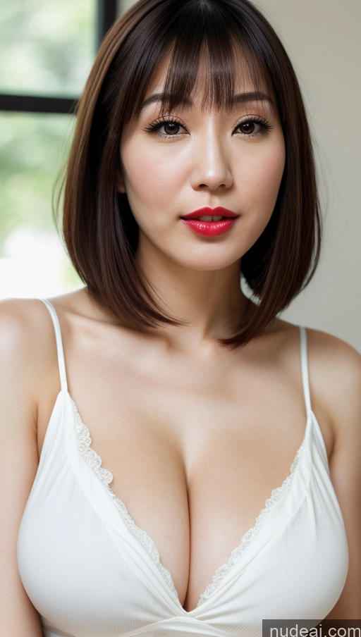 ai nude image of arafed asian woman with a white bralet and red lipstick pics of Woman One Huge Boobs Beautiful Lipstick Fairer Skin 30s Black Hair Bobcut Japanese Close-up View Detailed Simple Sundress