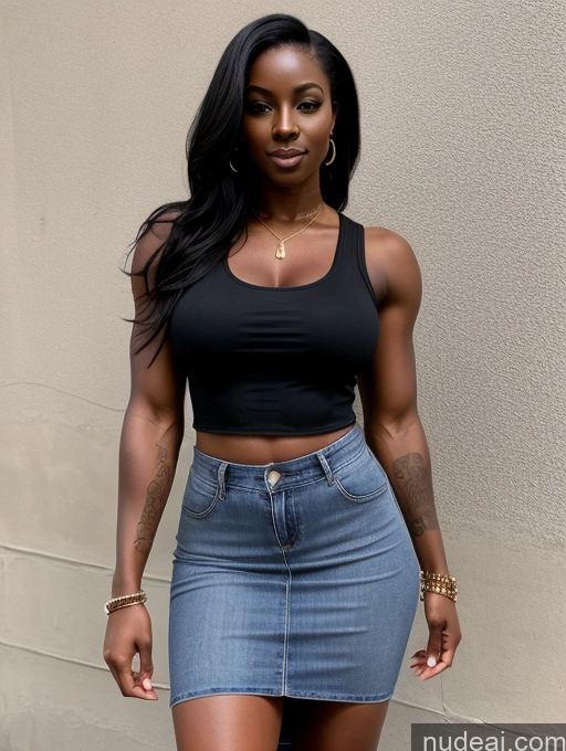 ai nude image of arafed woman in a black top and a denim skirt pics of African Dark Skin Muscular Perfect Boobs Tattoos Busty Perfect Body Blouse Casual Crop Top Dress Hip Hop Jacket Jeans Long Skirt Professor Teacher 90s