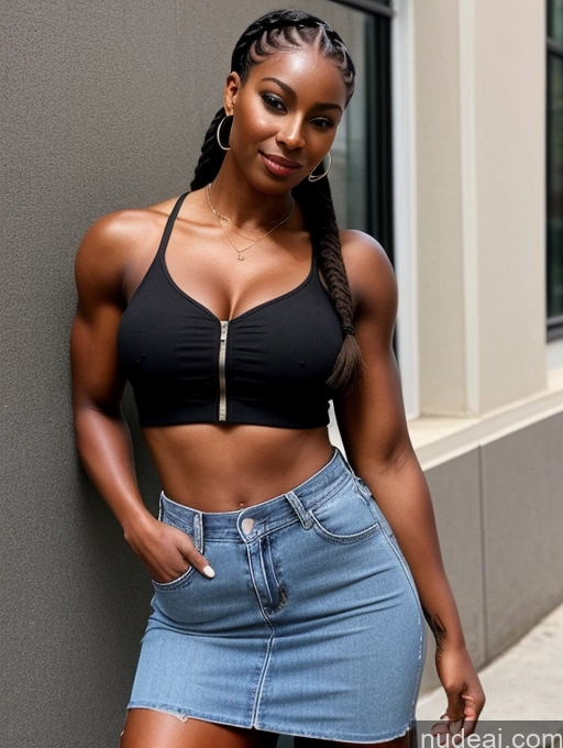 ai nude image of arafed woman in a black top and denim skirt leaning against a wall pics of African Dark Skin Muscular Perfect Boobs Tattoos Busty Perfect Body Blouse Casual Crop Top Dress Hip Hop Jacket Jeans Long Skirt Professor Teacher 90s Braided