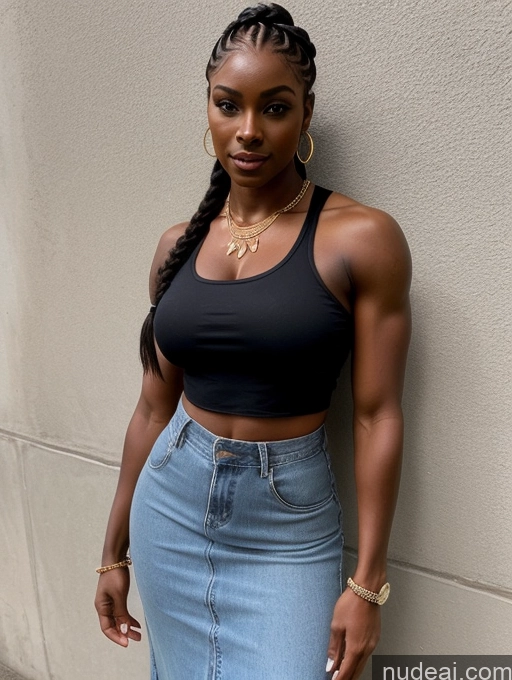 ai nude image of arafed woman in a black top and a denim skirt pics of African Dark Skin Muscular Perfect Boobs Tattoos Busty Perfect Body Blouse Casual Crop Top Dress Hip Hop Jacket Jeans Long Skirt Professor Teacher 90s Braided