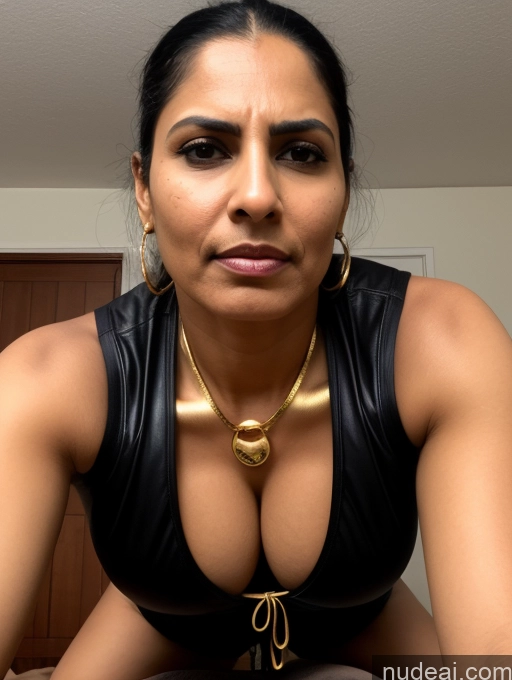 ai nude image of there is a woman in a black top and gold necklace pics of One Busty Tall Perfect Body Abs Pubic Hair Muscular 40s Black Hair Hair Bun Indian Bedroom Plank Bdsm Gold Jewelry Front View Angry Salwar Boots Gloves Oiled Body Dark Fantasy Model