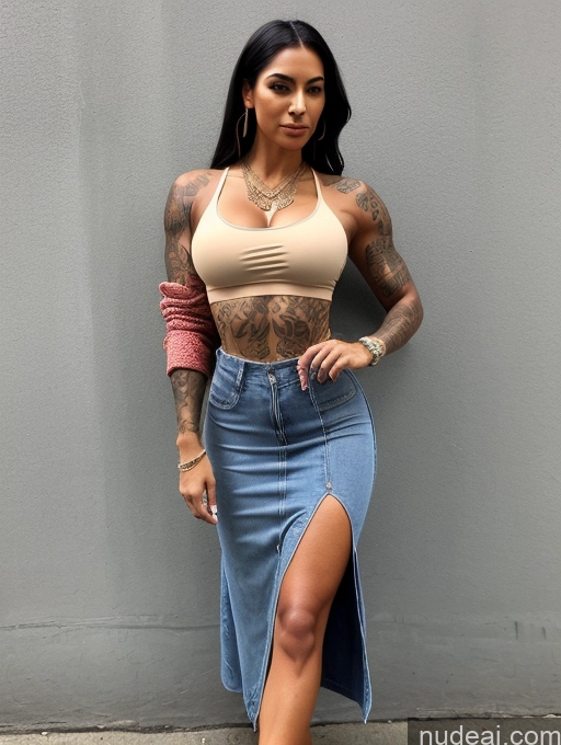 ai nude image of arafed woman with tattoos and a skirt posing for a picture pics of Muscular Perfect Boobs Tattoos Busty Perfect Body Blouse Casual Crop Top Dress Hip Hop Jacket Jeans Long Skirt Professor Teacher 90s Brazilian Tanned Skin