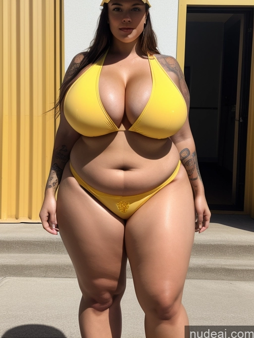 ai nude image of araffe woman in a yellow bikini posing for a picture pics of Woman Busty Perfect Boobs Huge Boobs Beautiful Tattoos Big Ass Thick Chubby Big Hips Long Legs Perfect Body Fairer Skin Oiled Body 30s White Front View Construction Worker Bikini