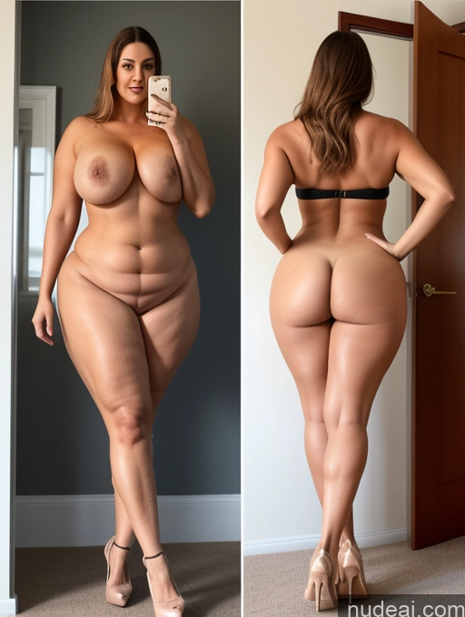 ai nude image of arafed woman taking a selfie in a mirror and a picture of herself pics of Tall Long Legs Big Hips Big Ass Chubby Abs Busty Perfect Boobs High Heels Nude Two 60s