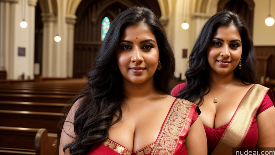 ai nude image of there are two women in red dresses standing in a church pics of Woman Sexy Face Two Thick Chubby Black Hair Front View Long Hair Busty Indian Church Sari Cleavage