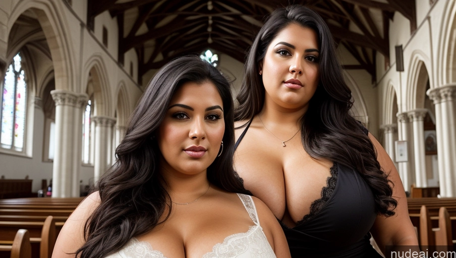 ai nude image of two women in black dresses standing in a church together pics of Woman Sexy Face Two Thick Chubby Black Hair Front View Long Hair Busty Indian Church Cleavage Dress