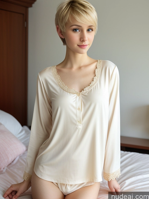 ai nude image of blond woman in white pajamas sitting on a bed in a bedroom pics of Woman Small Tits Beautiful Small Ass Skinny Fairer Skin 18 Blonde Pixie Russian Front View Pajamas