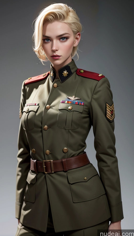 ai nude image of blond woman in military uniform posing for a picture pics of Skinny Military Blonde Slicked