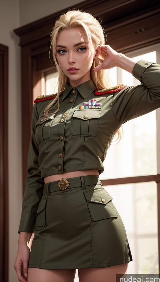 ai nude image of blond woman in military uniform posing in front of window pics of Skinny Military Blonde Slicked Mini Skirt