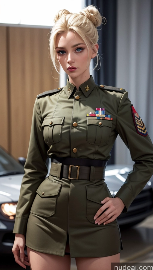 ai nude image of blond woman in military uniform posing in front of a car pics of Skinny Military Blonde Mini Skirt Hair Bun