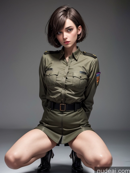 ai nude image of arafed woman in military uniform kneeling on a gray surface pics of Skinny Military Mini Skirt One Small Tits Brunette Short Hair Squatting