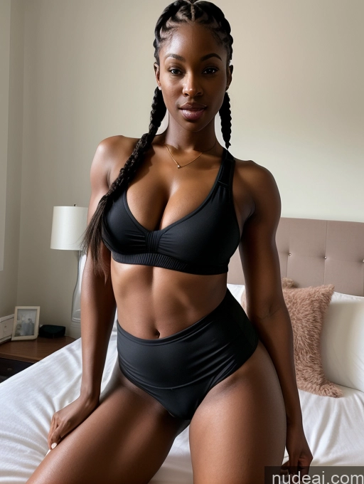 ai nude image of there is a woman in a black bikini sitting on a bed pics of Woman Perfect Boobs Big Ass Big Hips Muscular Long Legs 20s Seductive Black Hair Braided African Sports Bra Sports Cleavage Bedroom Front View Spreading Legs Nude