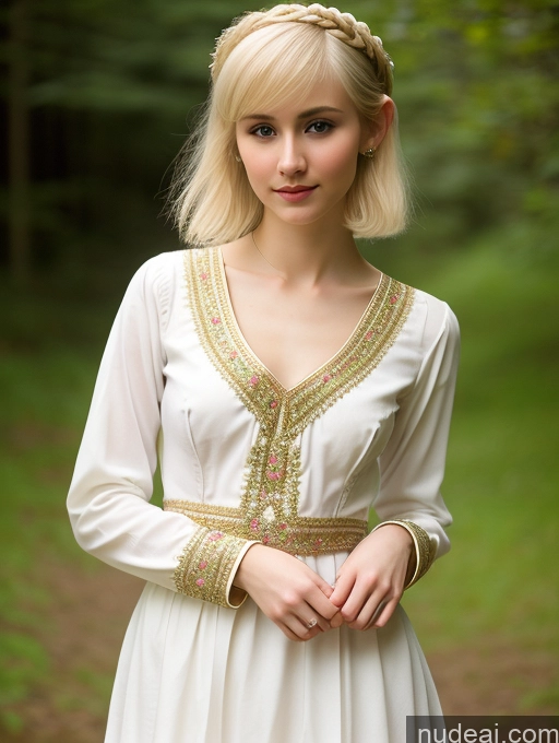 ai nude image of blond woman in white dress posing for a picture in the woods pics of Woman Beautiful Small Tits Skinny Small Ass Fairer Skin 18 Blonde Pixie Russian Front View Traditional