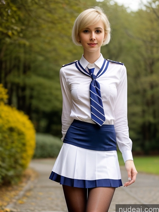 ai nude image of blond woman in uniform walking down a path in a park pics of Woman Beautiful Small Tits Skinny Small Ass Fairer Skin 18 Blonde Pixie Russian Front View Sailor Mini Skirt Tie Blouse Pantyhose