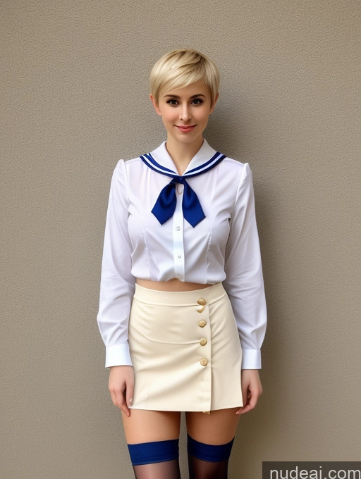 ai nude image of blond woman in a sailor outfit posing for a picture pics of Woman Beautiful Small Tits Skinny Small Ass Fairer Skin 18 Blonde Pixie Russian Front View Mini Skirt Tie Blouse Pantyhose Sailor