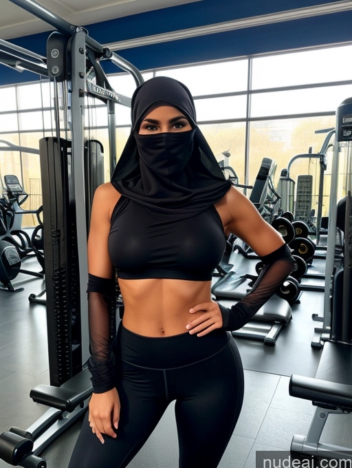 ai nude image of a woman in a black top and black pants posing for a picture pics of Perfect Boobs Busty Skinny Abs Gym Yoga Pants Soft + Warm Miss Universe Model Niqab Transparent Sports Spandex Partially Nude