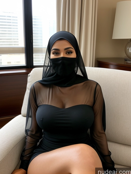 ai nude image of araffe wearing a black veil and a black dress sitting on a chair pics of Miss Universe Model Busty Perfect Boobs Beautiful Muscular Abs Couch Niqab Transparent Mesh Blouse Secretary