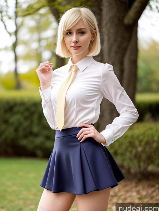 ai nude image of blond woman in a skirt and shirt posing for a picture pics of Woman Small Tits Beautiful Small Ass Skinny Fairer Skin 18 Blonde Pixie Russian Cosplay Mini Skirt Blouse Tie Pantyhose