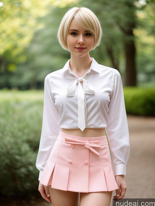 ai nude image of blond woman in a short skirt and white shirt posing for a picture pics of Woman Small Tits Beautiful Small Ass Skinny Fairer Skin 18 Blonde Pixie Russian Cosplay Blouse Mini Skirt Tie