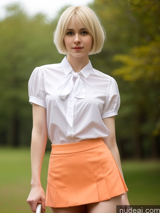 ai nude image of blond woman in a white shirt and orange skirt holding a white frisbee pics of Woman Small Tits Beautiful Small Ass Skinny Fairer Skin 18 Blonde Pixie Russian Cosplay Blouse Mini Skirt Tie