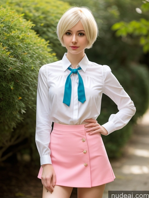 ai nude image of blond woman in a white shirt and pink skirt posing for a picture pics of Woman Small Tits Beautiful Small Ass Skinny Fairer Skin 18 Blonde Pixie Russian Cosplay Blouse Mini Skirt Tie