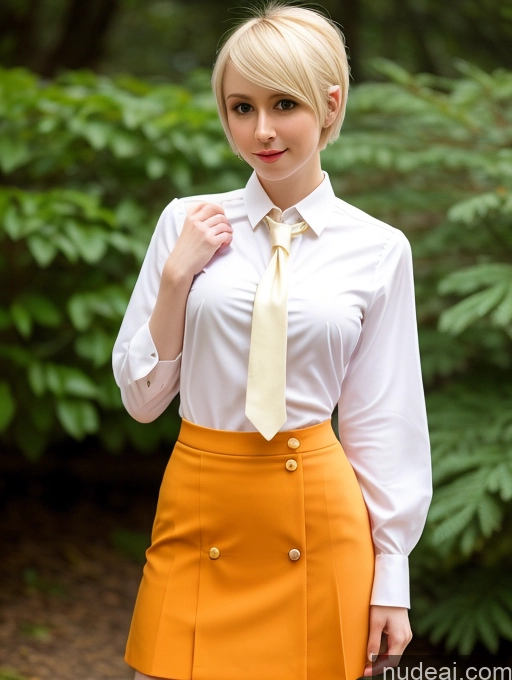 ai nude image of blonde woman in a skirt and white shirt posing for a picture pics of Small Tits Beautiful Small Ass Skinny Fairer Skin 18 Blonde Pixie Russian Blouse Tie Woman Cosplay Micro Skirt