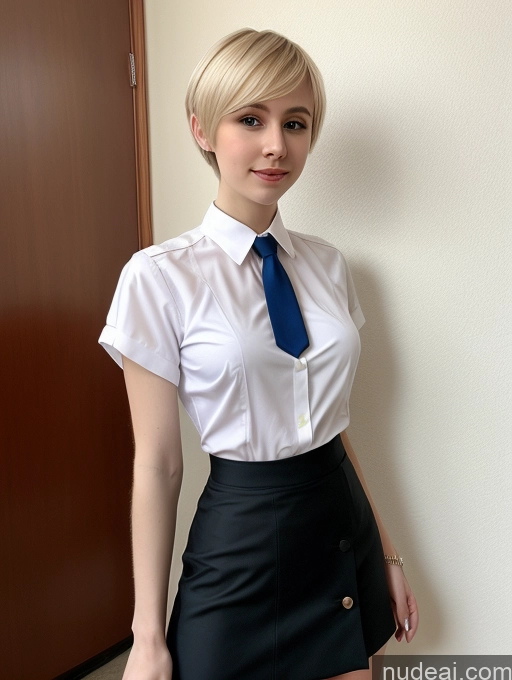 ai nude image of blond woman in a short skirt and white shirt posing for a picture pics of Small Tits Beautiful Small Ass Skinny Fairer Skin 18 Blonde Pixie Russian Blouse Tie Woman Cosplay Micro Skirt