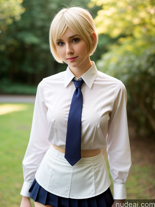 ai nude image of blond woman in a white shirt and blue tie posing for a picture pics of Small Tits Beautiful Small Ass Skinny Fairer Skin 18 Blonde Pixie Russian Blouse Tie Woman Cosplay Micro Skirt