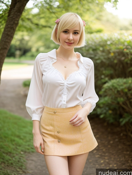 ai nude image of blond woman in a white blouse and yellow skirt posing for a picture pics of Small Tits Beautiful Small Ass Skinny Fairer Skin 18 Blonde Pixie Russian Blouse Woman Cosplay Micro Skirt Cleavage