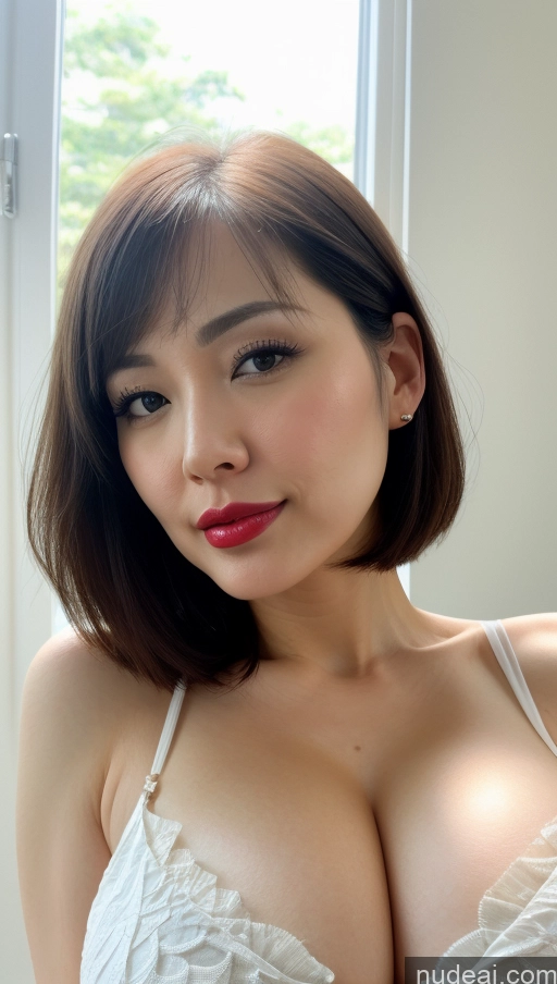 ai nude image of arafed asian woman with a very big breast posing for a picture pics of Woman One Huge Boobs Beautiful Lipstick Fairer Skin 30s Black Hair Bobcut Japanese Close-up View Sundress Detailed Simple