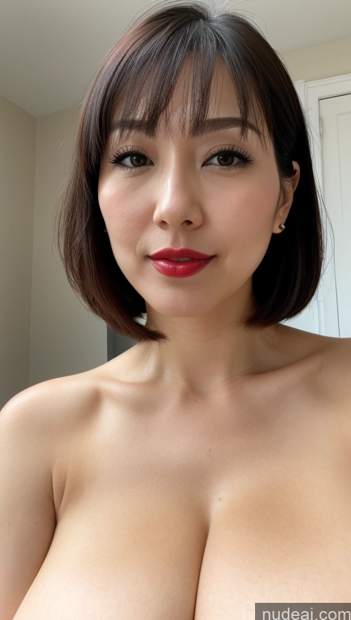 ai nude image of arafed asian woman with big breast posing for a picture pics of Woman One Huge Boobs Beautiful Lipstick Fairer Skin 30s Black Hair Bobcut Japanese Close-up View Detailed Simple Sundress Cleavage