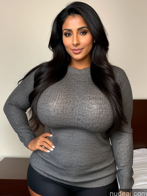 ai nude image of a close up of a woman in a gray sweater and black shorts pics of Athlete Big Hips Dark Skin Big Ass Long Hair Arabic Busty 30s Sweater