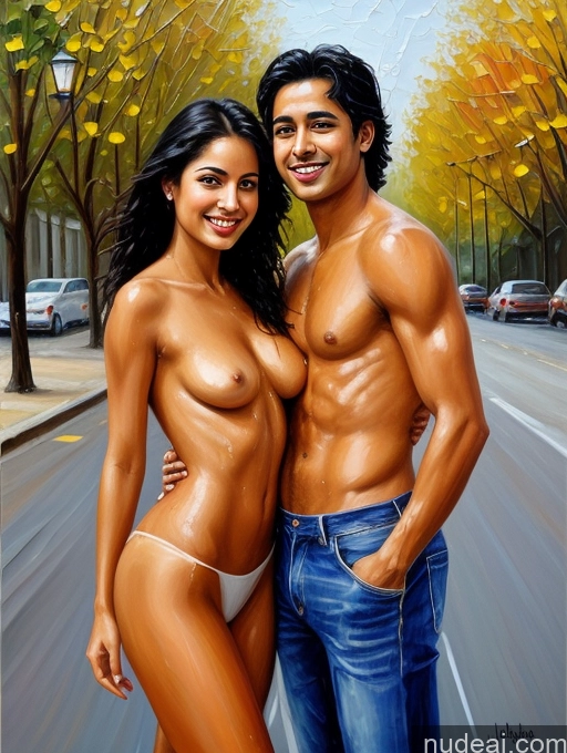 related ai porn images free for Small Tits 20s Happy Black Hair Straight Street Front View Topless Jeans Woman + Man Painting Indian Oiled Body Two