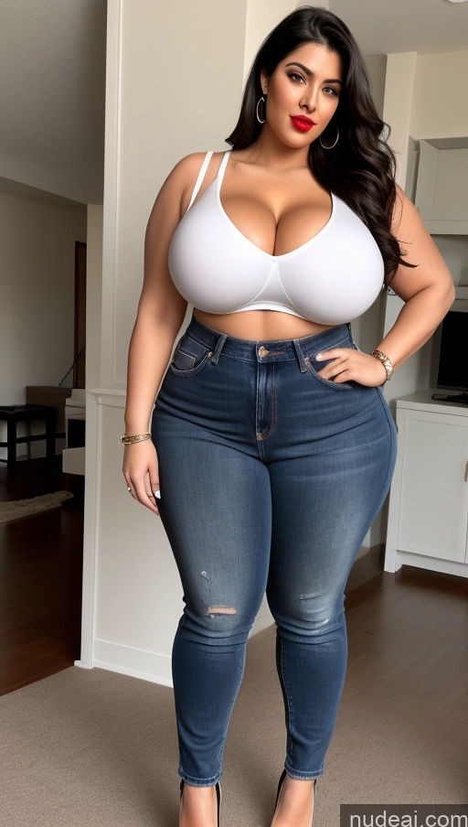 ai nude image of a pregnant woman in a white bra top and jeans posing for a picture pics of Huge Boobs Big Ass Lipstick Abs Chubby Fairer Skin Black Hair Long Hair Indian Jeans