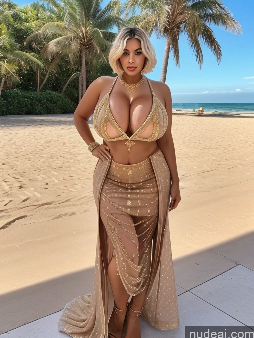 ai nude image of a woman in a gold dress standing on a beach pics of Bimbo One Busty Huge Boobs Big Ass Thick Chubby Fat Big Hips Short Hair Beach Nude Salwar Diamond Jewelry Gold Jewelry