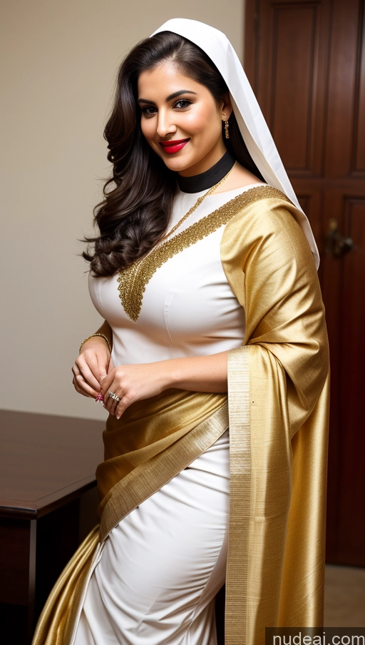 ai nude image of araffe dressed in a white and gold sari poses for a picture pics of Milf Busty Beautiful Lipstick Chubby Thick Big Hips Fairer Skin 20s Seductive Brunette Long Hair Russian Party Front View Spreading Legs Nun Cleavage Gold Jewelry Skin Detail (beta) Sari Happy